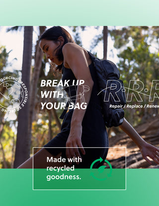 Timbuk2 Sustainability: woman walking among trees with recycled logo